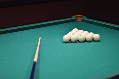 High angle view of balls billiard on table