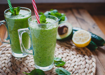 Close-up of green smoothie in a glass with fresh mint