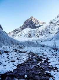 Scenic view of snowcapped mountains against clear sky