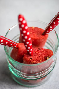 Close-up of dessert in glass on table