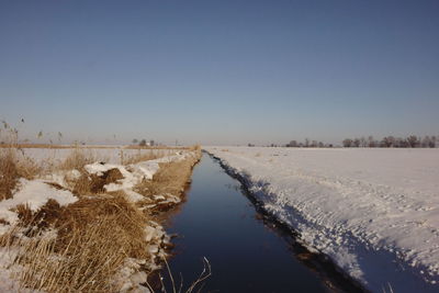 Scenic view of frozen field against clear sky during winter