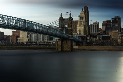 Bridge over river by buildings in city against sky