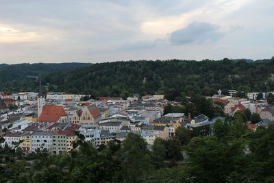 High angle view of townscape against sky