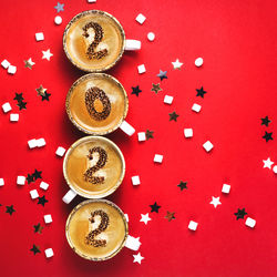 High angle view of christmas ornaments on table