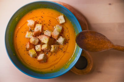 High angle view of soup in bowl on table