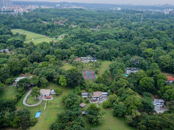 High angle view of trees on landscape against sky