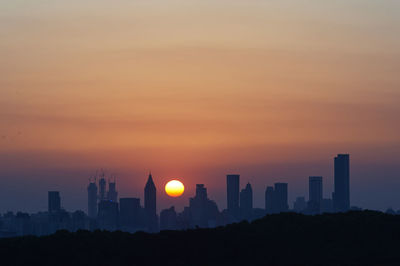 Silhouette of city at sunset
