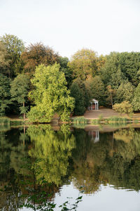 Scenic view of lake by trees against sky