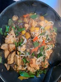 High angle view of vegetables in cooking pan