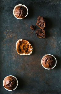 High angle view of chocolate cupcake