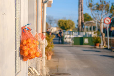 Proximity products. oranges in a village in valencia, spain.