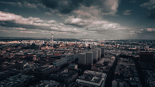 High angle view of cityscape against sky during sunset