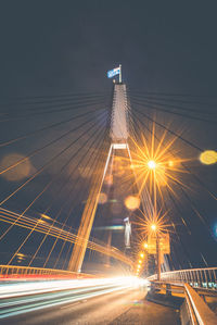 Light trails on suspension bridge at night