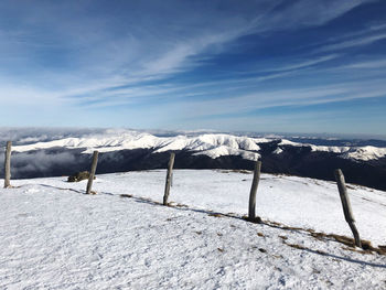 Snow covered landscape against sky