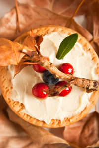 High angle view of dessert on table