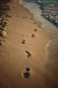 High angle view of footprints on sand at beach