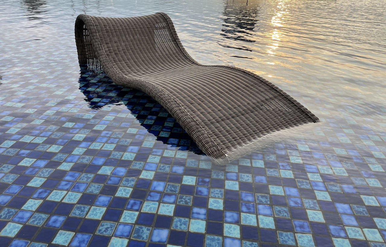 water, blue, flooring, floor, furniture, no people, pattern, nature, reflection, tile, art, day, outdoors, tiled floor, high angle view, swimming pool