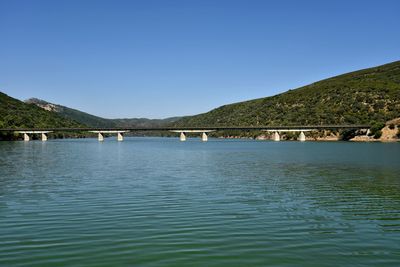 Scenic view of river and mountains against clear blue sky