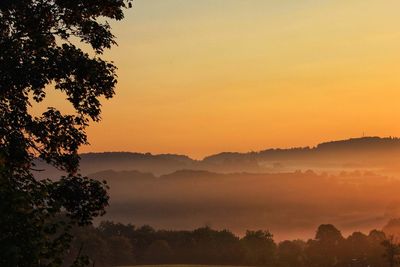 Silhouette trees on landscape against sky during sunset