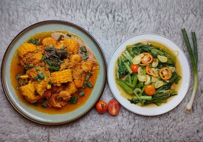 High angle view of meal served on table