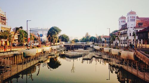 Panoramic view of buildings by river against clear sky