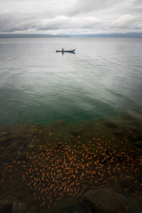 Fisherman on lake toba catching fish in a canoe