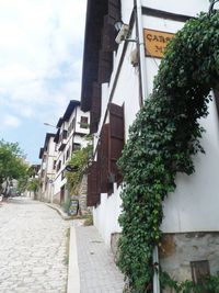 Low angle view of trees and buildings against sky