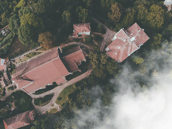 High angle view of buildings and trees in city