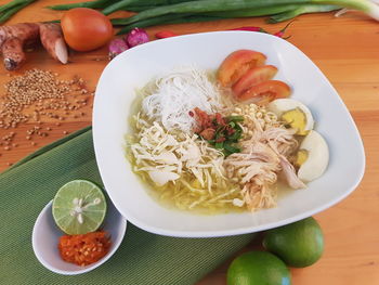 High angle view of meal served on table