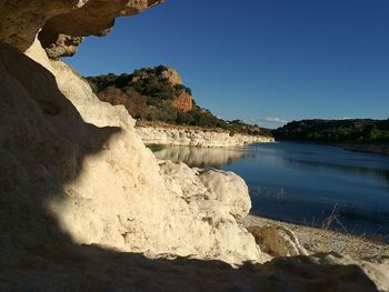 Scenic view of lake against clear sky