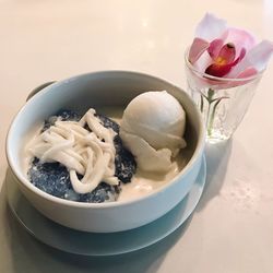 High angle view of ice cream in bowl on table