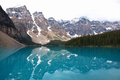 Scenic view of lake by snowcapped mountains against sky