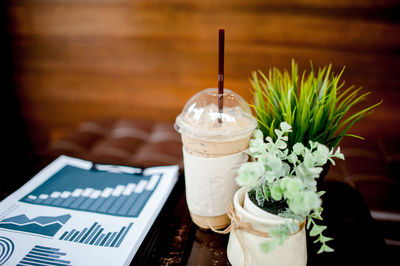 High angle view of drink in glass on table