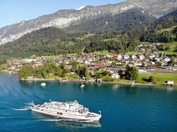 Aerial view of townscape by sea