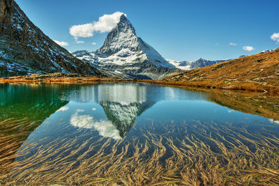 Scenic view of lake and mountains against sky