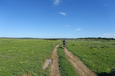 Man walking on field against sky