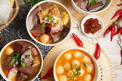 High angle view of soup served on table