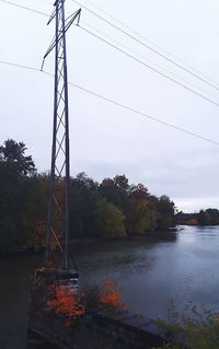 Low angle view of electricity pylon by river against sky