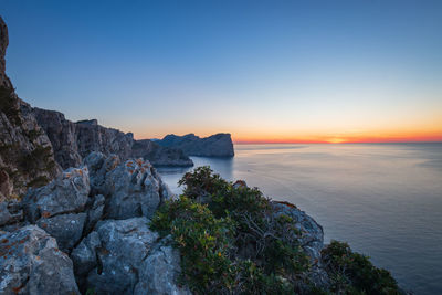 Scenic view of sea at cap de formentor on majorca mallorca during sunset against sky