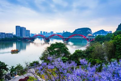 View of bridge over river against cloudy sky