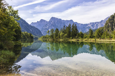 Scenic view of lake and mountains against sky