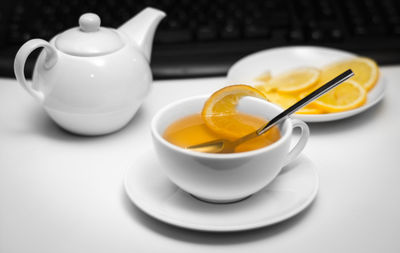 Close-up of tea cup on table