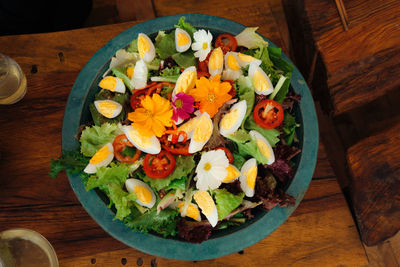 High angle view of vegetables in bowl on table