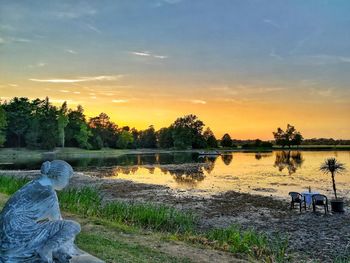 Scenic view of lake against sky during sunset
