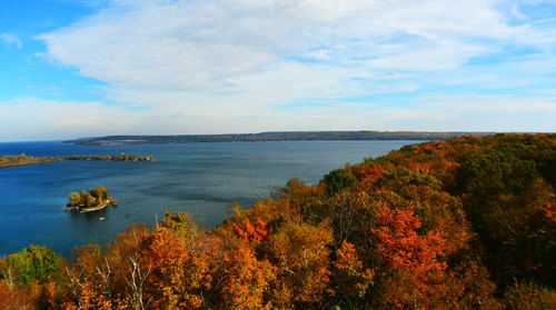 Scenic view of sea and trees against sky