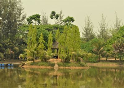 Scenic view of lake by trees against sky