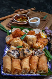 High angle view of serving food on table