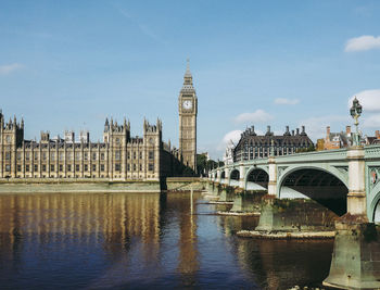 Bridge over river and buildings against sky in city