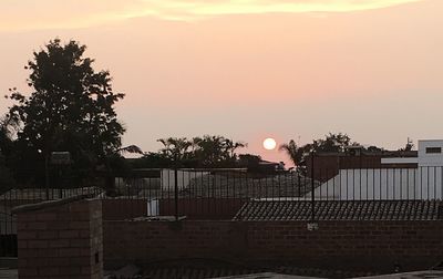 Houses and trees against sky at sunset