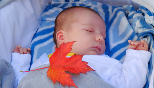 Close-up of cute baby with autumn leaf lying on bed at home